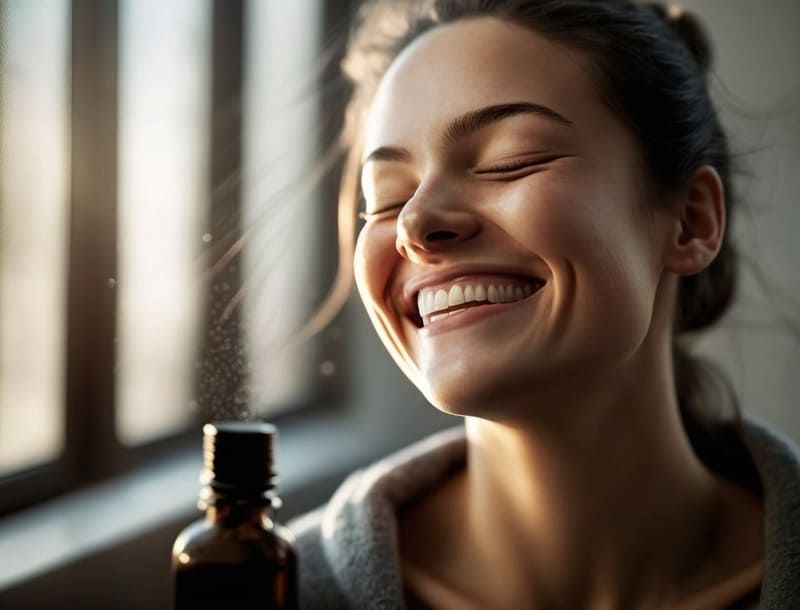 Mulher contente fazendo aromaterapia