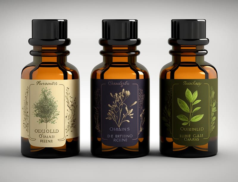 Pequenos jarros de óleos essenciais usados em aromaterapia